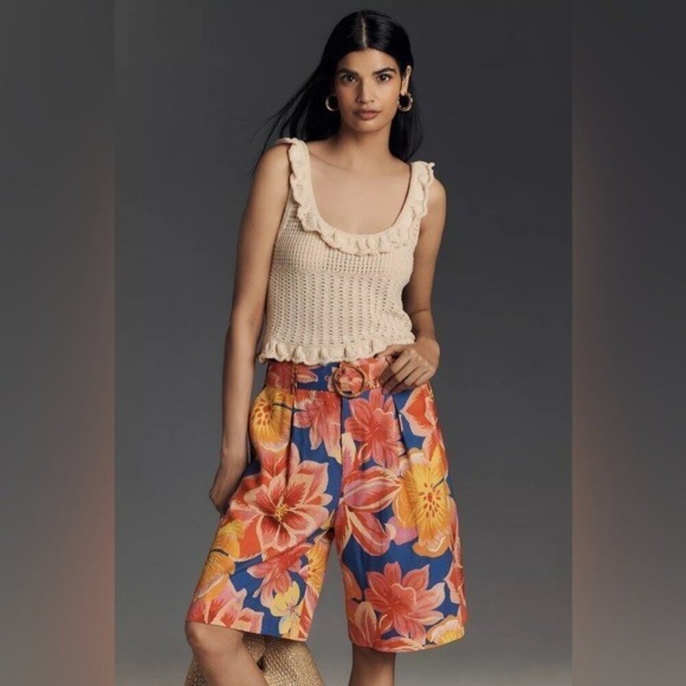NWT Size S - Farm Rio Linen Blend Belted Floral Bermuda Shorts (NWT US$ 188) - Picture 3 of 12